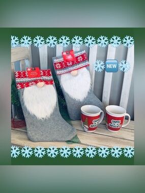 Christmas Gnomes Holiday Stocking Set w/ 2 Coffee Mugs 🎄🆕🎄